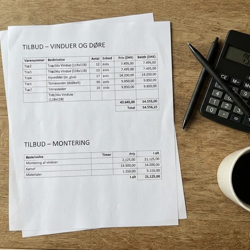 Køkkenbord med tilbud, lommeregner og kvitteringer klar til fradragsopgørelsen